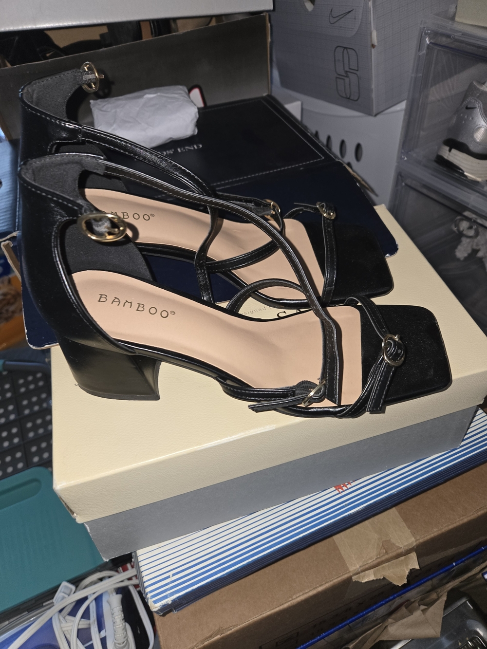 BAMBOO Black Strappy Block Heel Sandals with Gold Accents